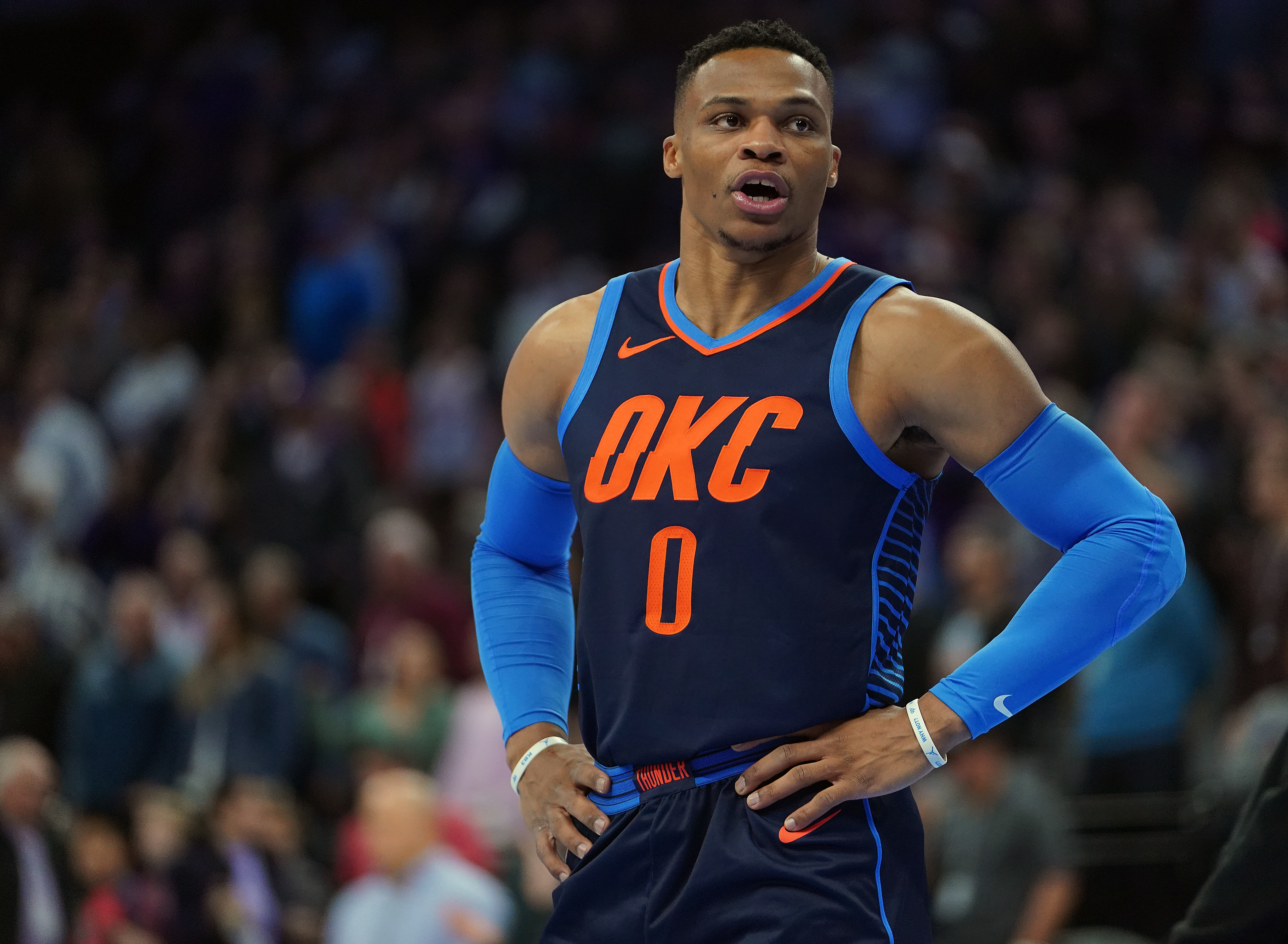 epa07178556 Oklahoma City Thunder guard Russell Westbrook walks on court before tip-off against the Sacramento Kings during his NBA game at the Golden 1 Center in Sacramento, California, USA, 19 November 2018. EPA-EFE/JOHN G. MABANGLO EPA-EFE/JOHN G. MABANGLO SHUTTERSTOCK OUT