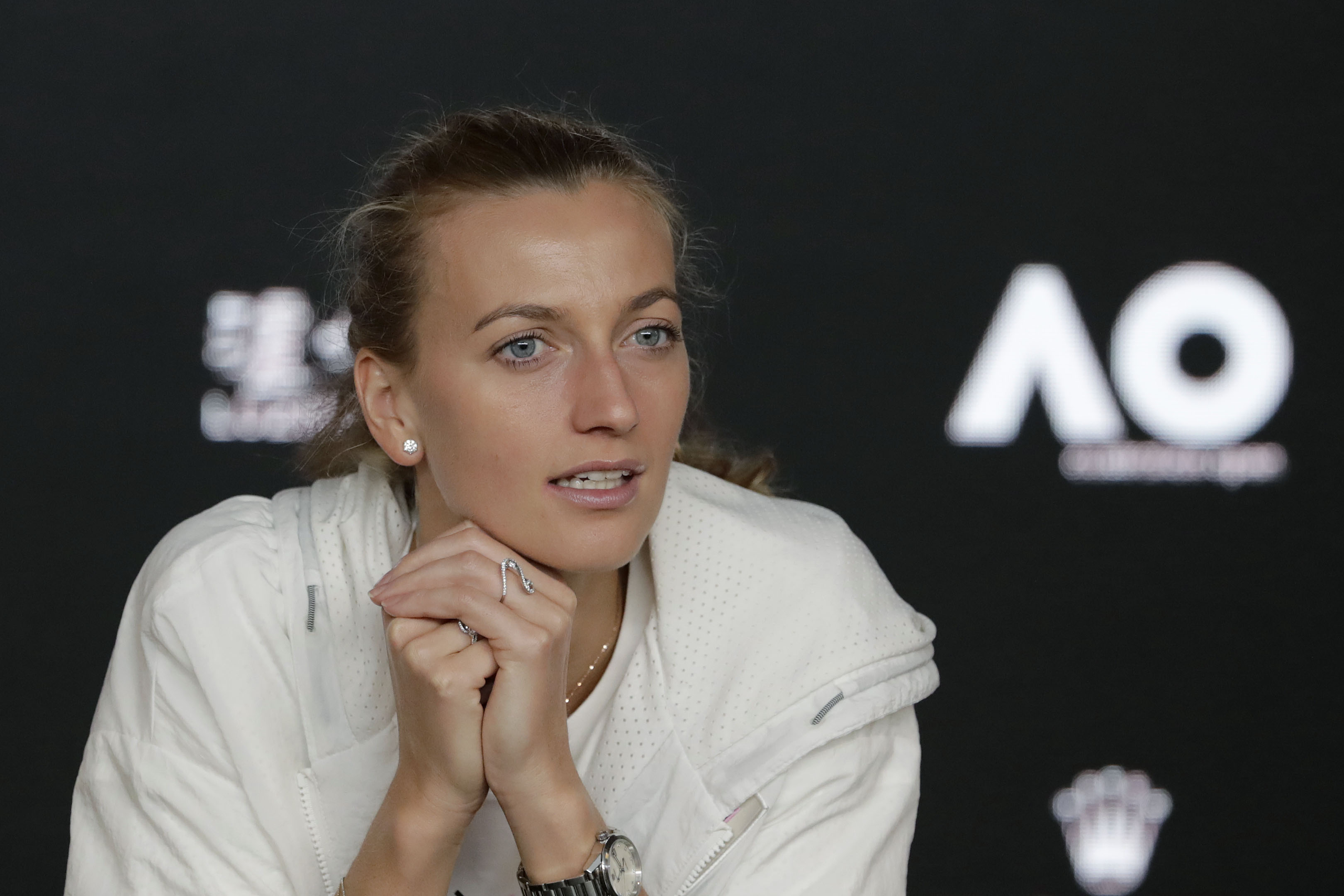 epa07321301 Petra Kvitova of Czech Republic attends a press conference after being defeated in her women's singles final match against Naomi Osaka of Japan at the Australian Open Grand Slam tennis tournament in Melbourne, Australia, 26 January 2019. EPA-EFE/MAST IRHAM