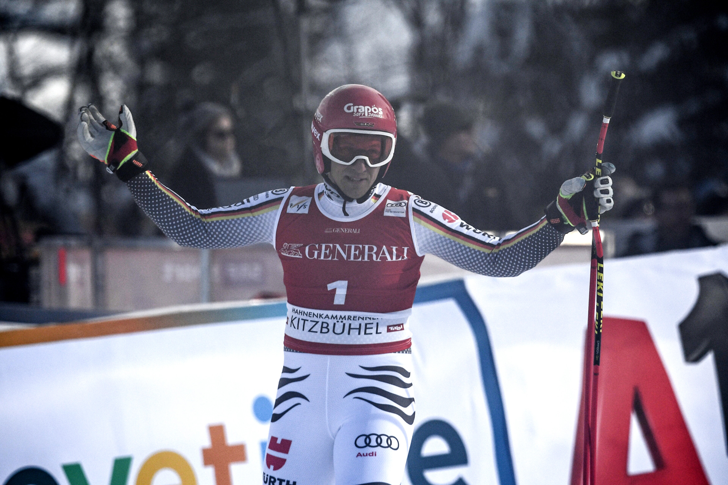 epa07324867 Josef Ferstl of Germany reacts at the finish line during the Men's Super G race at the FIS Alpine Skiing World Cup in Kitzbuehel, Austria, 27 January 2019. EPA-EFE/ANGELIKA WARMUTH