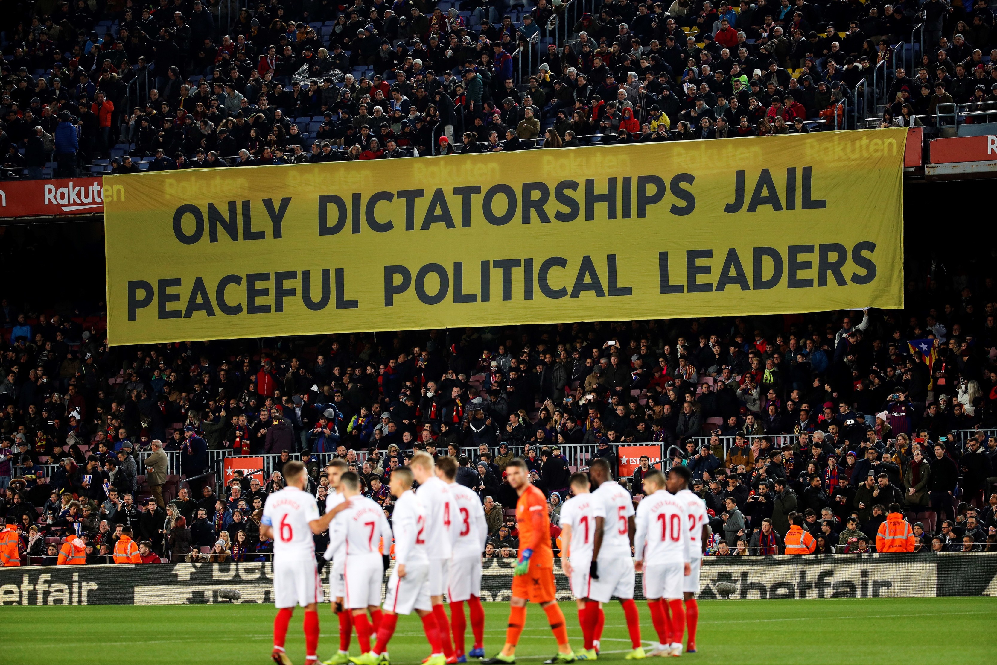 epaselect epa07332384 FC Barcelona's fans show a banner during the Spanish King's Cup quarter final second leg match between FC Barcelona and Sevilla FC at Camp Nou stadium in Seville, Andalusia, Spain, 30 January 2019. EPA-EFE/Alejandro Garcia
